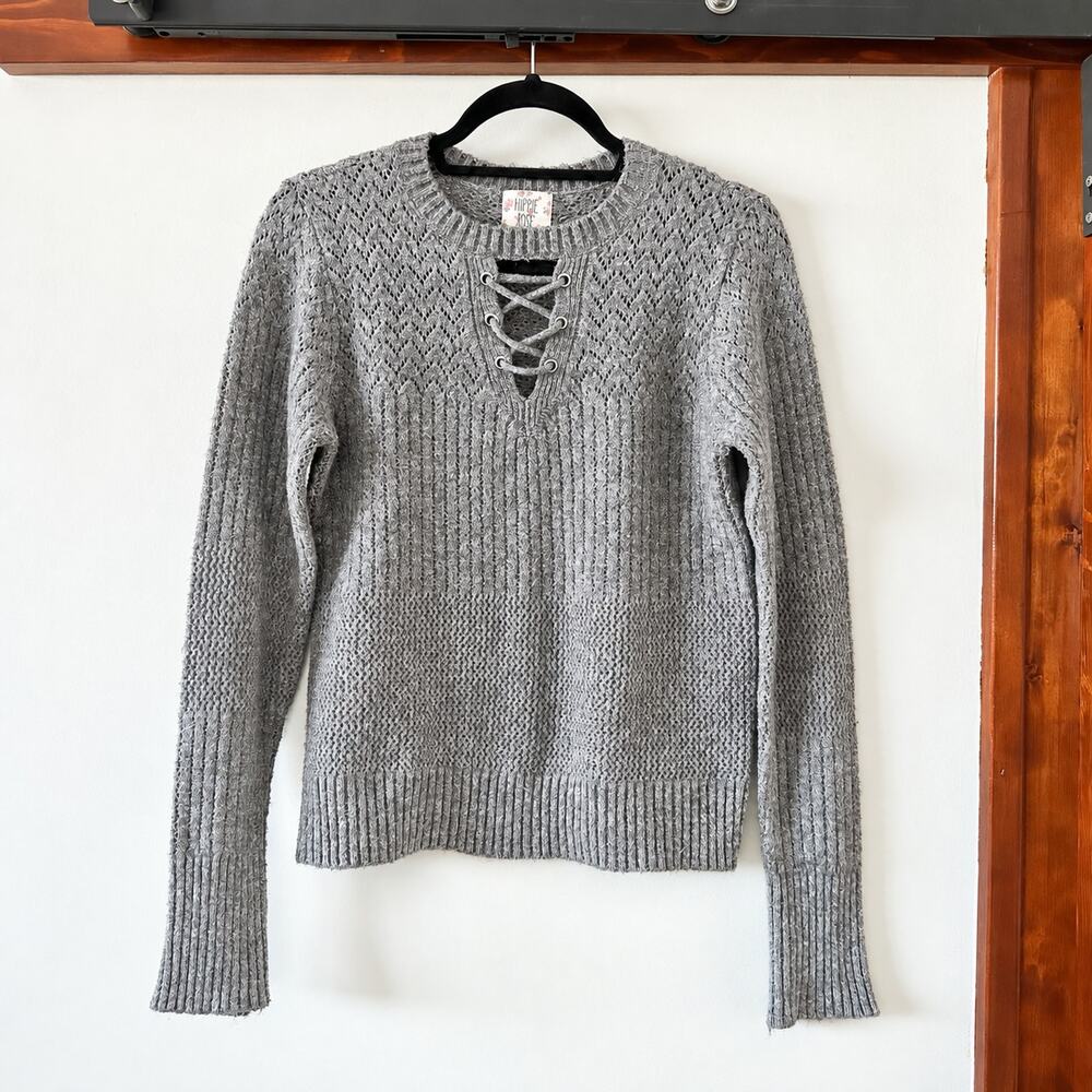 Hippie Rose Women’s Small Gray Marled Lace-Up Pointelle Knit Sweater